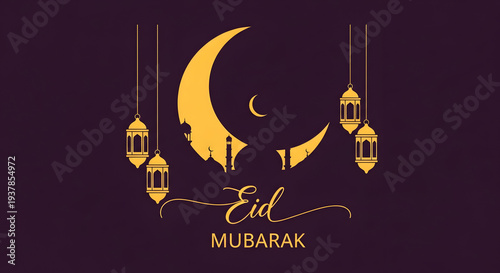 Optimized title
Eid Mubarak Night Scene with Large Golden Crescent Moon, City Silhouettes, Ornate Lanterns, and Elegant Script