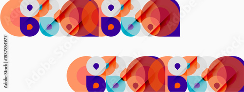 Abstract colorful overlapping circles create repeating patterns. Bright hues dominate white background. Modern design elements present.