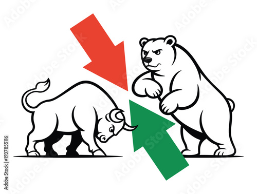 Bull and bear market symbols with opposing arrows representing financial market trends and investor sentiment.