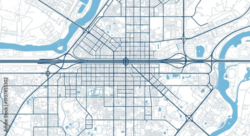 City Map with River and Roads.
