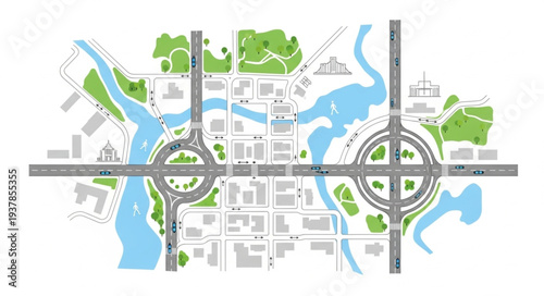 City Map with River and Roads.