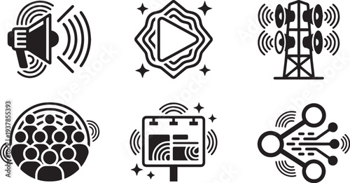 Set of Modern Broadcasting and Mass Media Communication Vector Icons in Black and White
