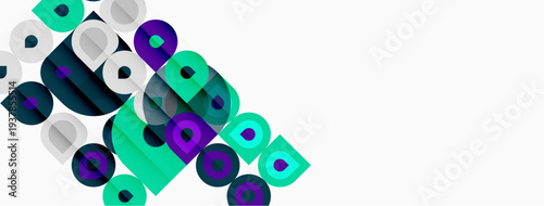 Abstract geometric shapes overlap, creating dynamic visual pattern. Colors include teal, purple, gray, white. Minimalist design suggests modern aesthetic.