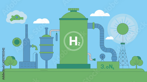 An illustration of a green hydrogen production facility with industrial equipment and a sunny sky