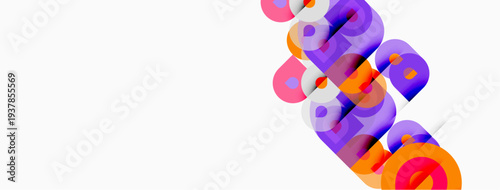 Abstract colorful shapes overlap, creating dynamic visual composition. Bright hues contrast against white background. Modern design element.