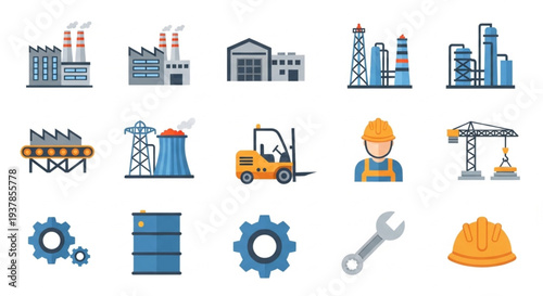 Industrial icons set factory equipment and machinery elements.