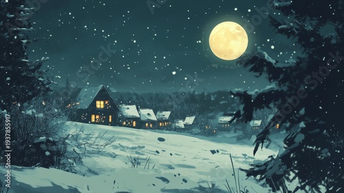 A serene winter night with snow-covered cottages under a full moon amidst falling snowflakes