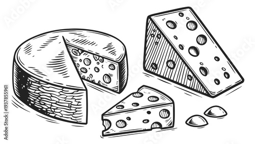 Vector illustration of Hand Drawn Cheese Assortment Illustration with Wheel and Swiss Wedges Engraving