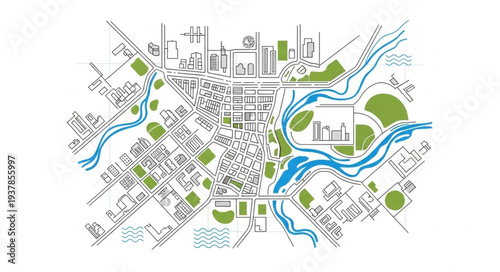 City Map with River and Parks.