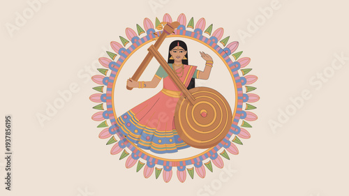 A woman in traditional Indian attire playing a musical instrument surrounded by colorful floral patterns and designs.