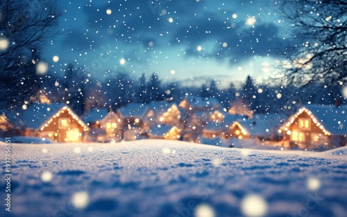A serene winter night scene with softly falling snow and warmly lit houses creating a cozy atmosphere