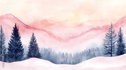Serene winter landscape featuring pine trees and soft, muted mountains at sunrise