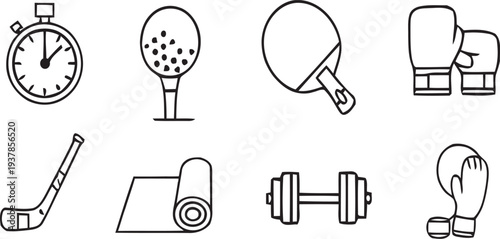 Fitness sports outline icons: Timer golf tennis boxing yoga weights