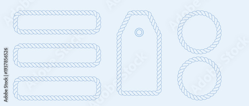 Rope frame border set isolated on white bg. Blue marine loop and cord frames. 