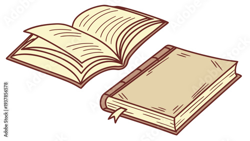 Vector illustration of Stack of books with one open showing pages and one closed with bookmark illustration