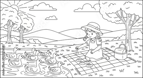 Little girl having outdoor tea party.