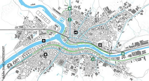 City Map with River and Roads.