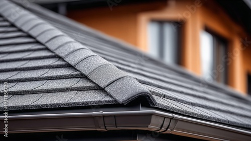 Close-up view of a modern asphalt shingle roof with a dark gray color and seamless gutters