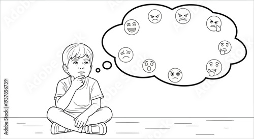 Boy thinking with multiple emojis.