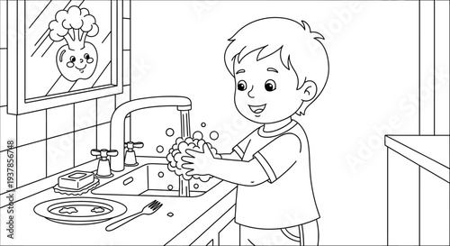 Happy child washing hands with soap.