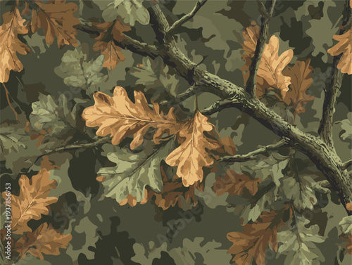 Seamless woodland camouflage pattern featuring detailed oak leaves, textured tree bark, and interlacing branches in earthy tones of tan, brown, and forest green. High-resolution nature-inspired 