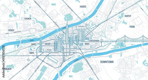 City Map with River and Roads.