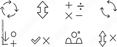 Minimal math symbols icon pack - Arrows, operations, checks, cycles vector