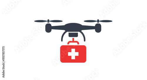 Drone carrying a red medical kit.