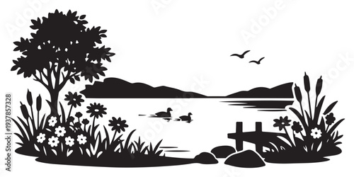 Urban Courtyard Flower Garden Silhouette, Silhouette Vector, Isolated on White Background