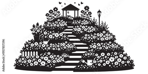 Terrace Flower Garden Landscape Silhouette, Silhouette Vector, Isolated on White Background