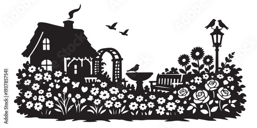 Romantic Cottage Backyard Flower Garden Silhouette, Silhouette Vector, Isolated on White Background
