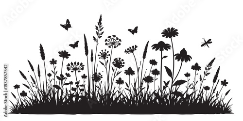 Wild Prairie Flower Landscape Silhouette, Silhouette Vector, Isolated on White Background