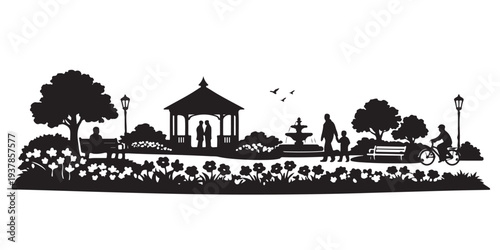 Public Park Flower Garden Silhouette, Silhouette Vector, Isolated on White Background