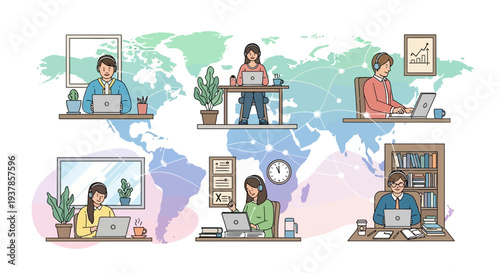 Global remote work and collaboration illustration with people working from home on laptops worldwide