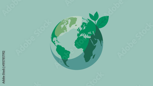 A green globe with leaves growing out of it symbolizes environmental sustainability and eco-friendliness.