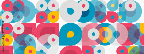 Abstract pattern features overlapping circles, squares. Colors include pink, blue, yellow, orange. Design appears playful, modern.