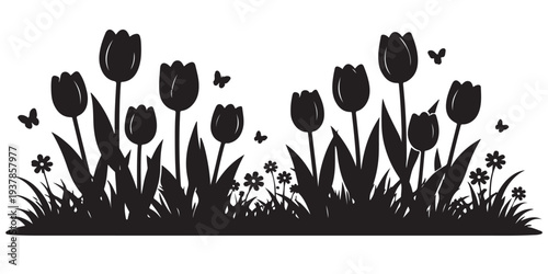 Tulip Garden Landscape Silhouette, Silhouette Vector, Isolated on White Background