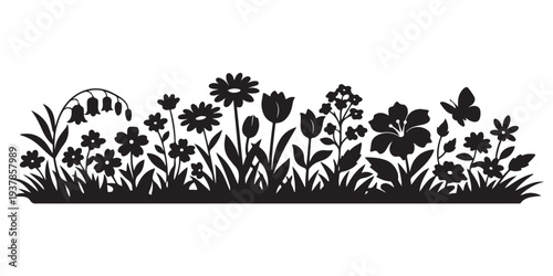 Decorative Garden Border with Flowers Silhouette, Silhouette Vector, Isolated on White Background
