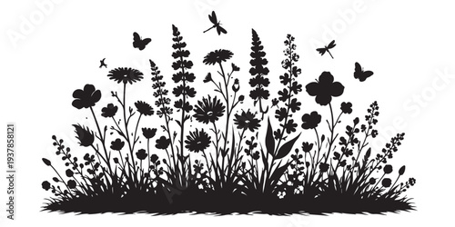 Wildflower Garden Scene Silhouette, Silhouette Vector, Isolated on White Background