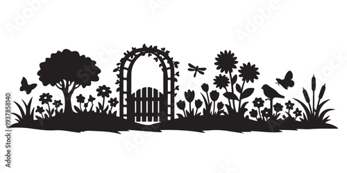 Flower Garden Landscape Silhouette, Silhouette Vector, Isolated on White Background