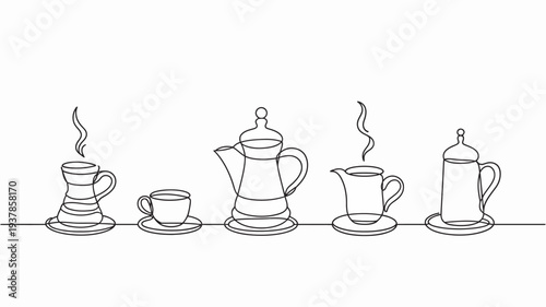 A simple line drawing of a tea set with cups and teapots on a table