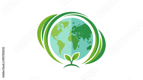 Abstract global environment illustration featuring a vibrant green earth encircled by flowing natural elements, with a young seedling representing growth, sustainability, and ecological stewardship
