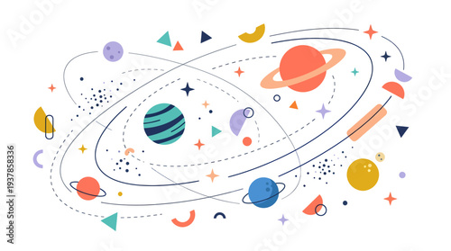 Dynamic planetary orbit illustration with abstract celestial bodies, stars, and whimsical cosmic elements, depicting a vibrant and intricate universe in flat design style