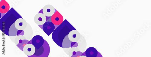 Abstract geometric shapes, purple hues dominate design. Circles, squares overlap creating dynamic pattern. Minimalist aesthetic, modern feel.