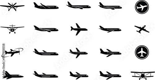 Airplane silhouette icon set featuring commercial jet, propeller aircraft and aviation symbols, black and white transport illustration collection isolated on white background