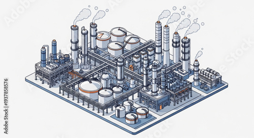 Industrial Chemical Plant with Smoke Emitting from Stacks.