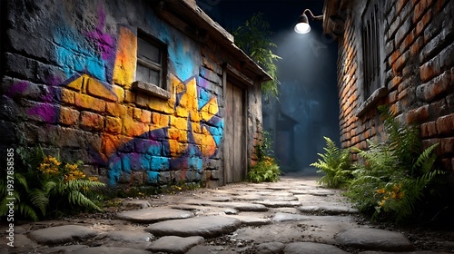 Vibrant graffiti alleyway at night with colorful street art on brick walls and lush greenery growing through cracked stone pavement under a single spotlight