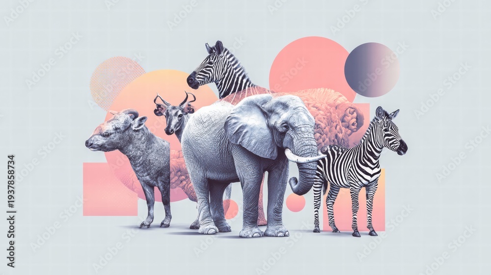 Fototapeta premium An artistic illustration showcasing African animals in a vibrant, abstract composition with geometric shapes.