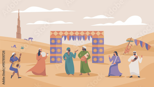 A group of people in traditional Middle Eastern clothing celebrating in the desert with a colorful archway and a tall building in the background.