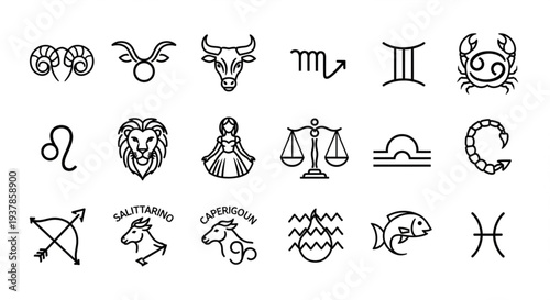 Collection of Zodiac Signs Astrology Symbols Icons Line Art.